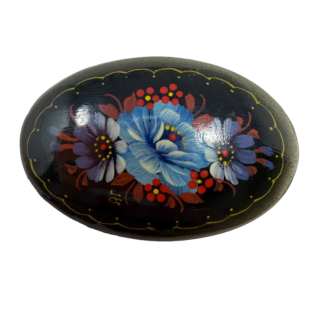 Vintage Russian Lacquer Brooch Floral Hand Painted Wood Oval Black 2.25” Pin